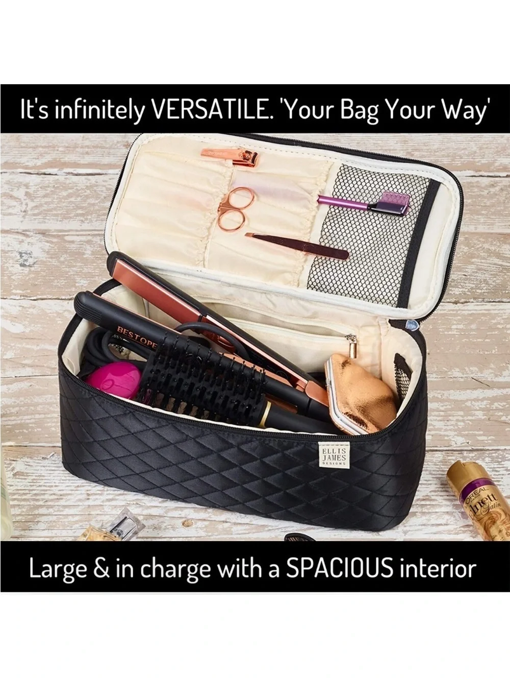Ellis James Black and Cream Makeup Travel Bag